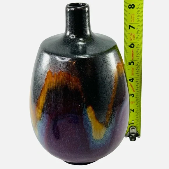 Clay Iridescent Bottle Neck Top Bud Table Vase Cobalt Blue Gold Purple Green - Picture 5 of 8
